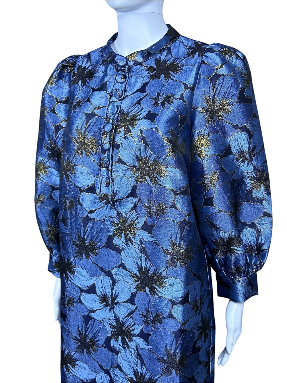 Pomander Place Tuckernuck Samantha Dress M Blue Gold Floral Jacquard Textured - Picture 5 of 16